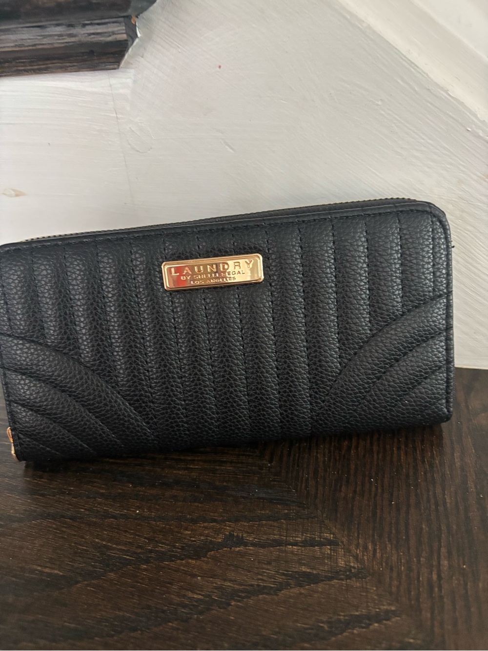 NWOT Laundry By Shelli Segal Black Quilted Zip-Around Wallet with Gold Plate